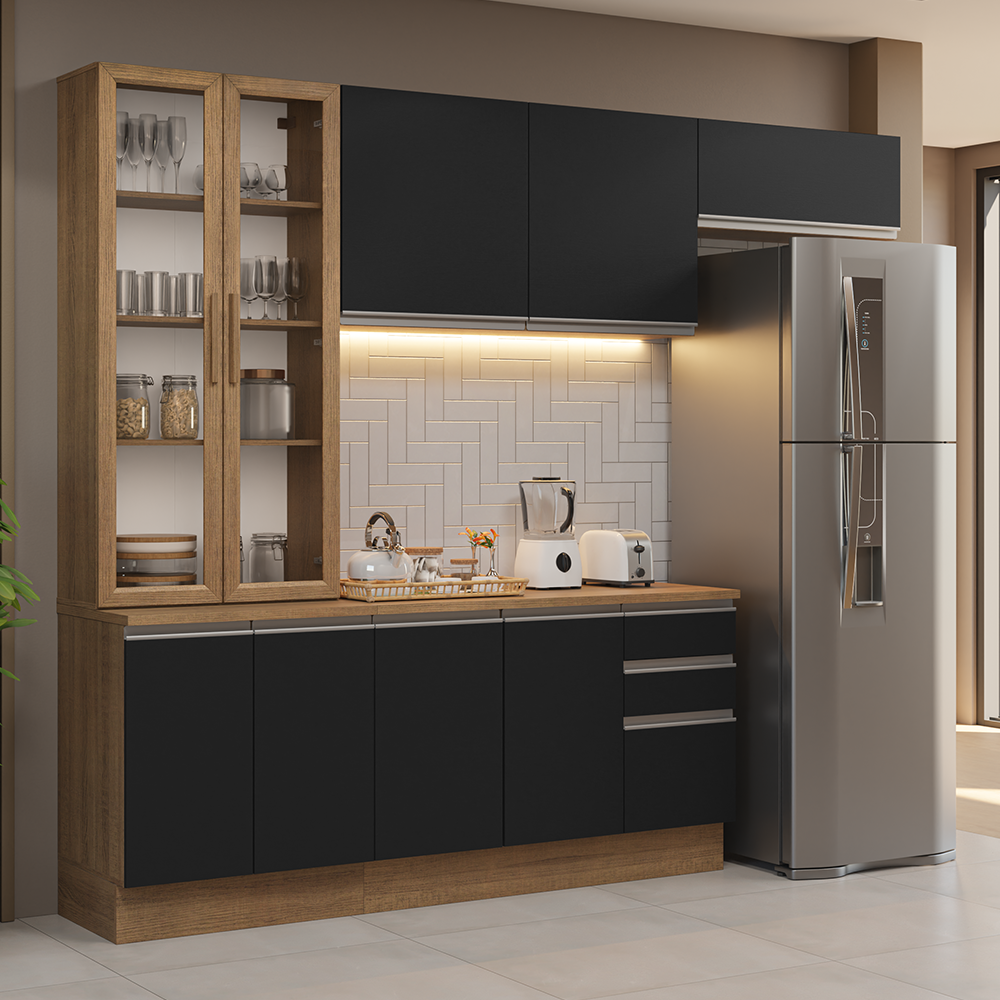 Cocina Integral 270 cm Con Vitrina Marrón/Negro Glamy Madesa