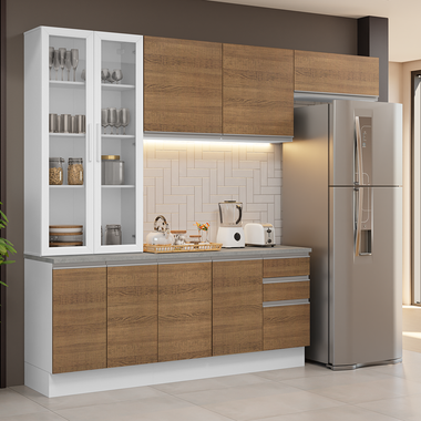 Cocina Integral 270 cm Con Vitrina Blanco/Marrón Glamy Madesa