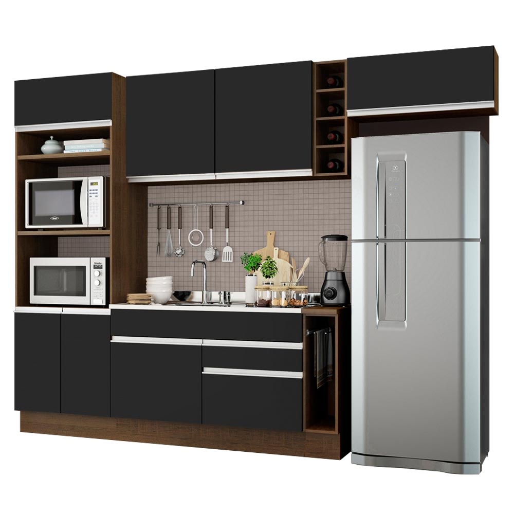 Cocina Integral 290 x 52 cm 7 Puertas 2 Cajones Con Mueble para Horno Marrón/Negro Glamy Madesa 04