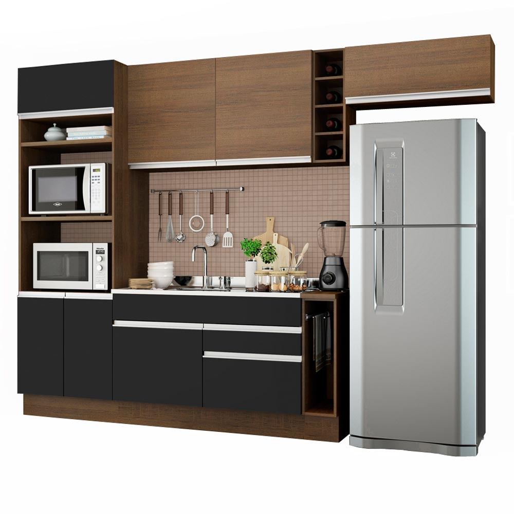 Cocina Integral 290 x 52 cm 7 Puertas 2 Cajones Con Mueble para Horno Marrón/Negro Glamy Madesa 05