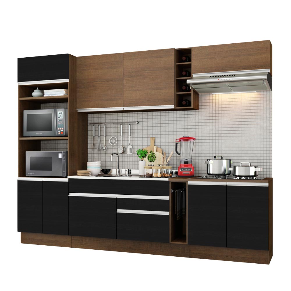 Cocina Integral 290 x 52 cm 9 Puertas 2 Cajones Con Mueble para Horno Marrón/Negro Glamy Madesa 07