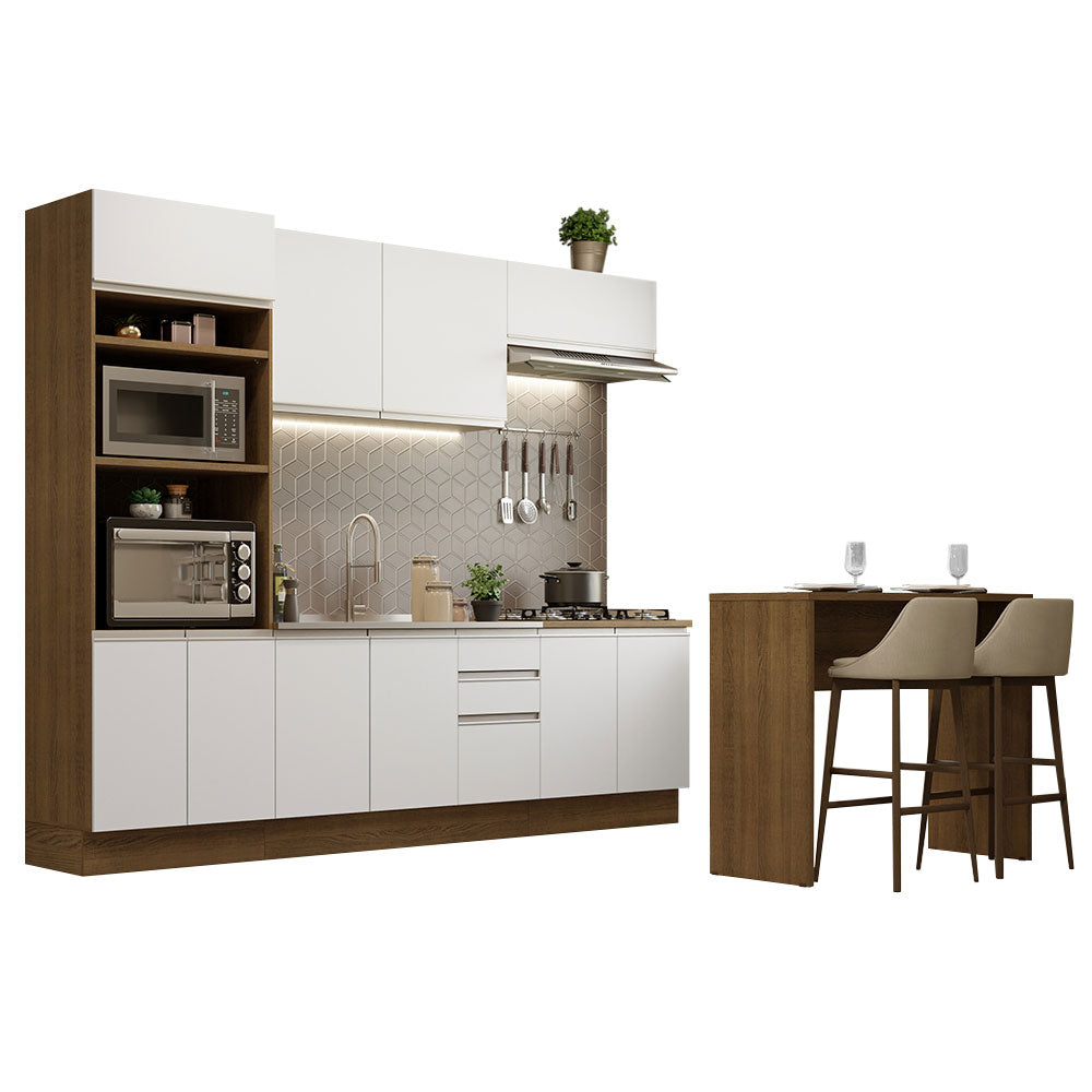 Kit Cocina Integral 385 cm y Barra de Cocina Marrón/Blanco Glamy Madesa