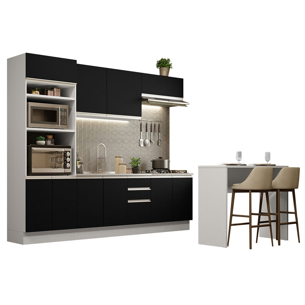 Kit Cocina Integral 385 cm y Barra de Cocina Blanco/Negro Glamy Madesa