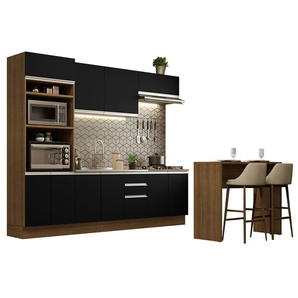 Kit Cocina Integral 315 cm y Barra de Cocina Marrón/Negro Glamy Madesa