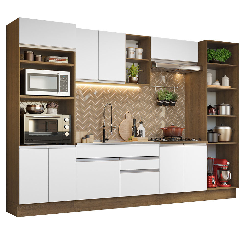 Cocina Integral 330 cm Con Mueble para Horno y Despensa Abierta Marrón/Blanco Glamy Madesa