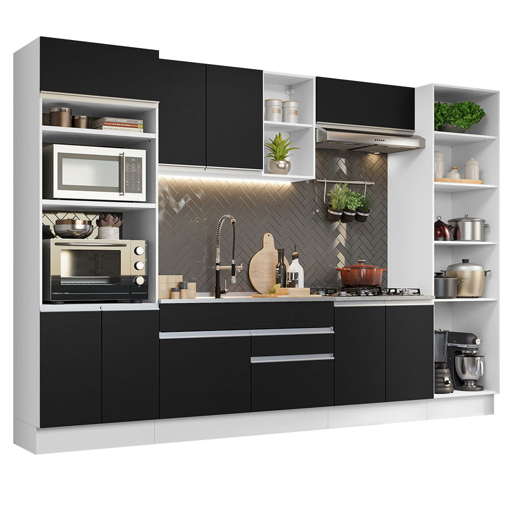 Cocina Integral 330 cm Con Mueble para Horno y Despensa Abierta Blanco/Negro Glamy Madesa