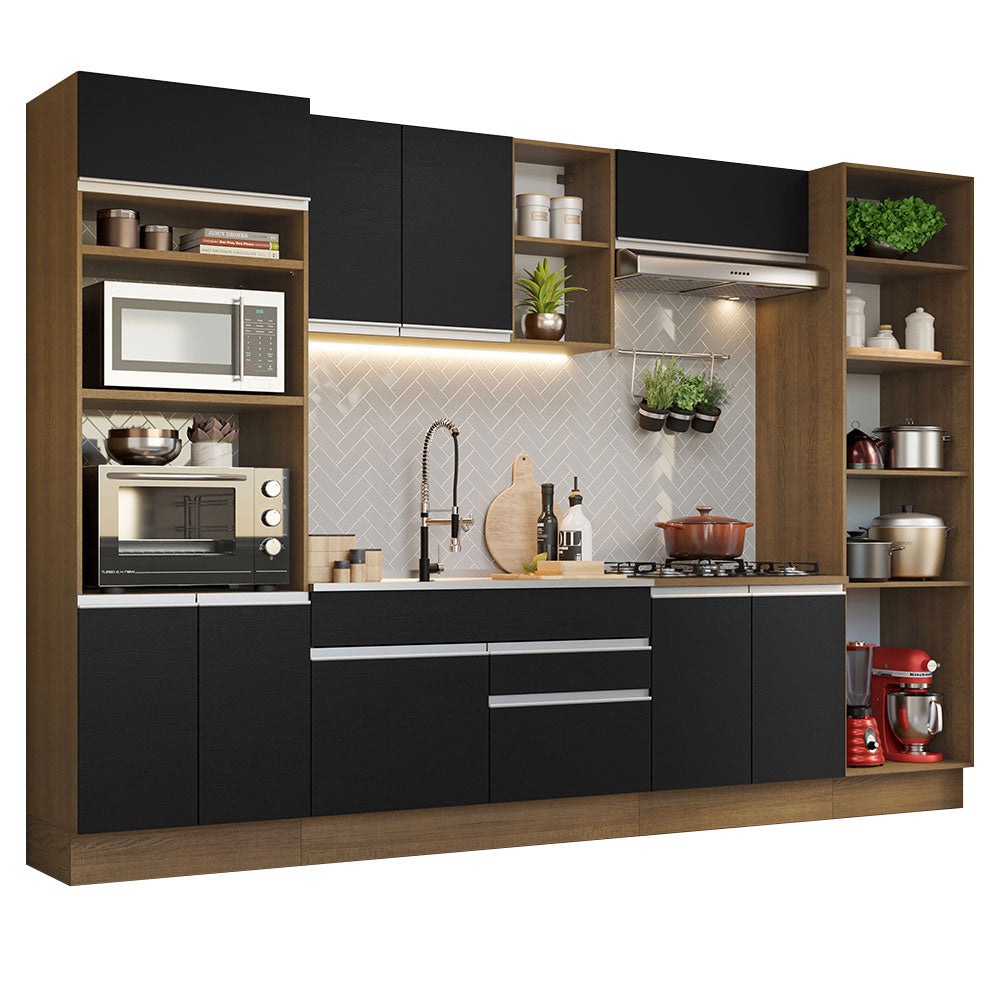 Cocina Integral 330 cm Con Mueble para Horno y Despensa Abierta Marrón/Negro Glamy Madesa
