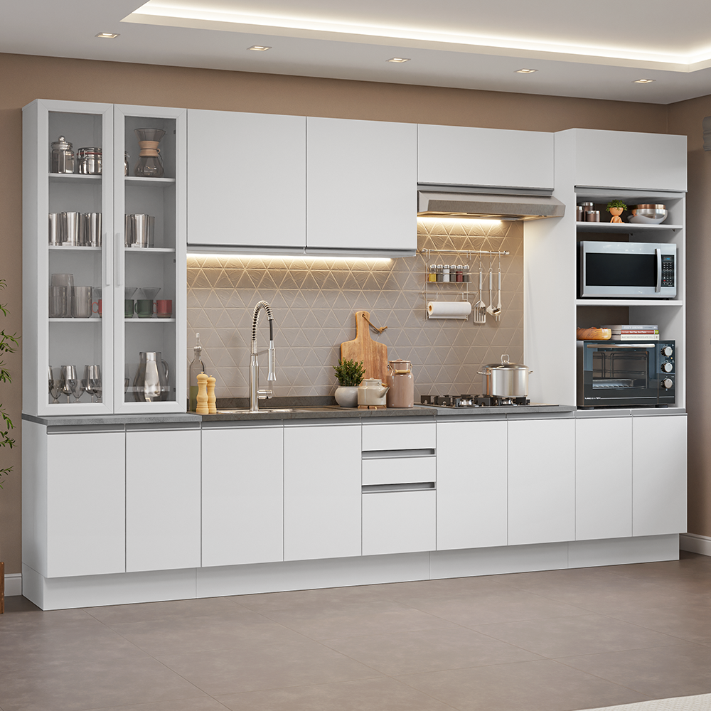 Cocina Integral 340 cm Con Vitrina y Mueble para Horno Blanco Glamy Madesa