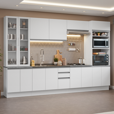 Cocina Integral 340 cm Con Vitrina y Mueble para Horno Blanco Glamy Madesa