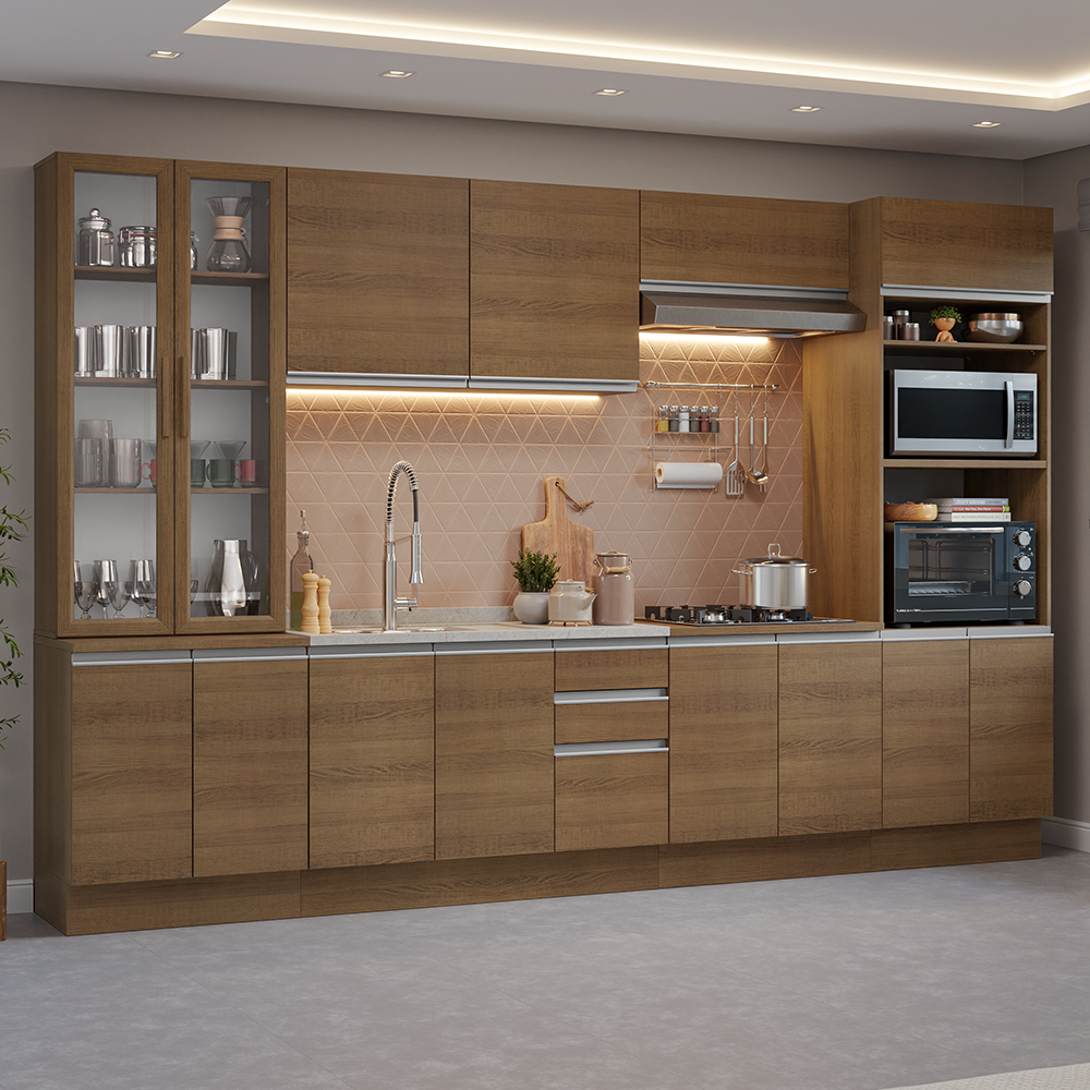 Cocina Integral 340 cm Con Vitrina y Mueble para Horno Marrón Glamy Madesa
