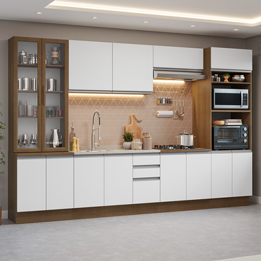 Cocina Integral 340 cm Con Vitrina y Mueble para Horno Marrón/Blanco Glamy Madesa