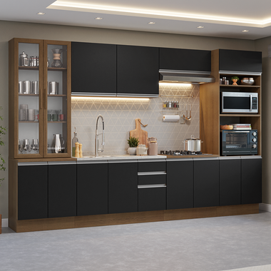 Cocina Integral 340 cm Con Vitrina y Mueble para Horno Marrón/Negro Glamy Madesa