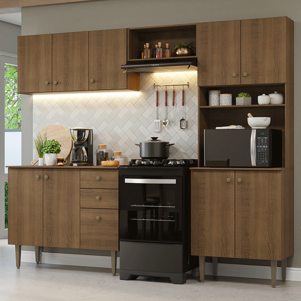 Cocina Compacta 235 cm 10 Puertas 2 Cajones Con Mueble para Horno Marrón Gourmet Madesa 01