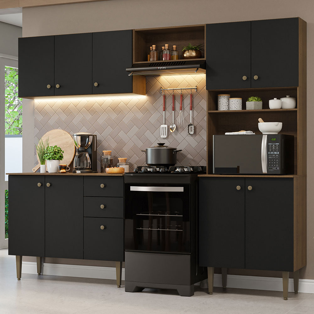 Cocina Compacta 235 cm Con Mueble para Horno Marrón/Negro Gourmet Madesa