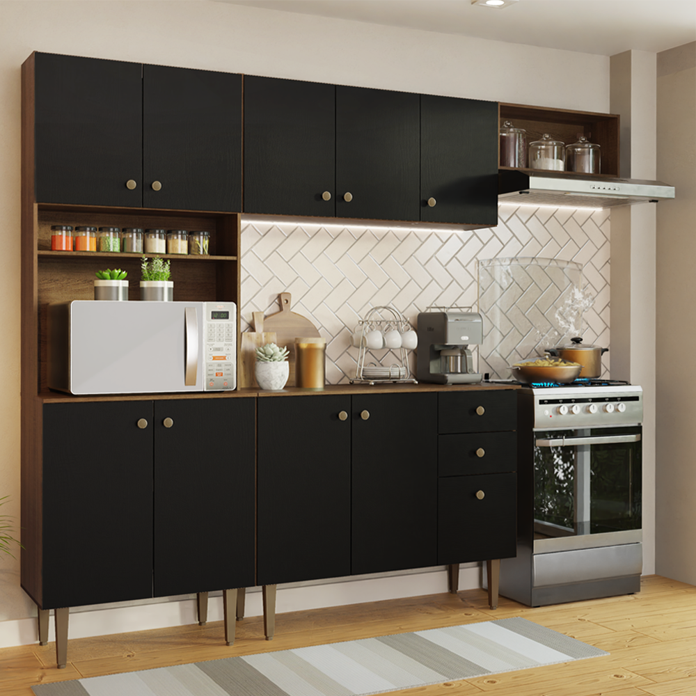 Cocina Compacta 235 cm Con Mueble para Horno Marrón/Negro Gourmet Madesa