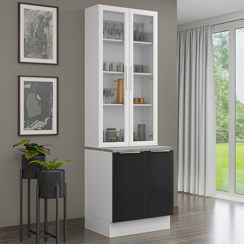 Kit Gabinete Bajo 2 Puertas y Vitrina 70 cm Blanco/Negro Lux Madesa