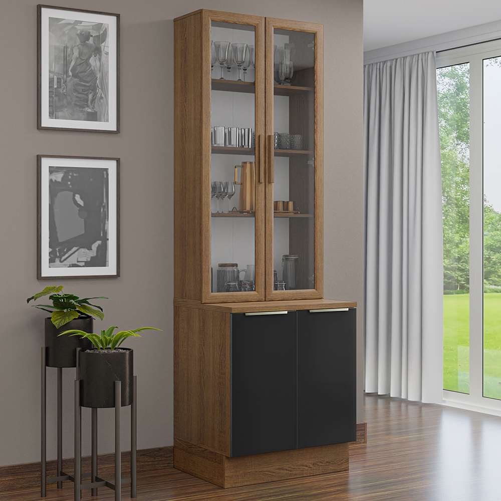 Kit Gabinete Bajo 2 Puertas y Vitrina 70 cm Marrón/Negro Lux Madesa