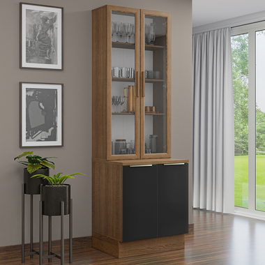 Kit Gabinete Bajo 2 Puertas y Vitrina 70 cm Marrón/Negro Lux Madesa