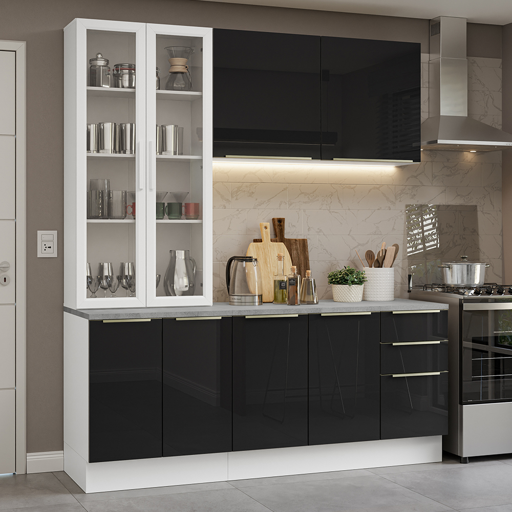 Cocina Compacta 190 cm Con Vitrina Blanco/Negro Lux Madesa