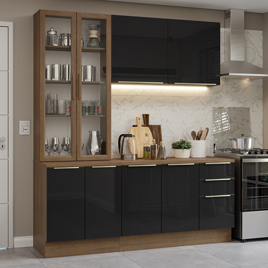 Cocina Compacta 190 cm Con Vitrina Marrón/Negro Lux Madesa