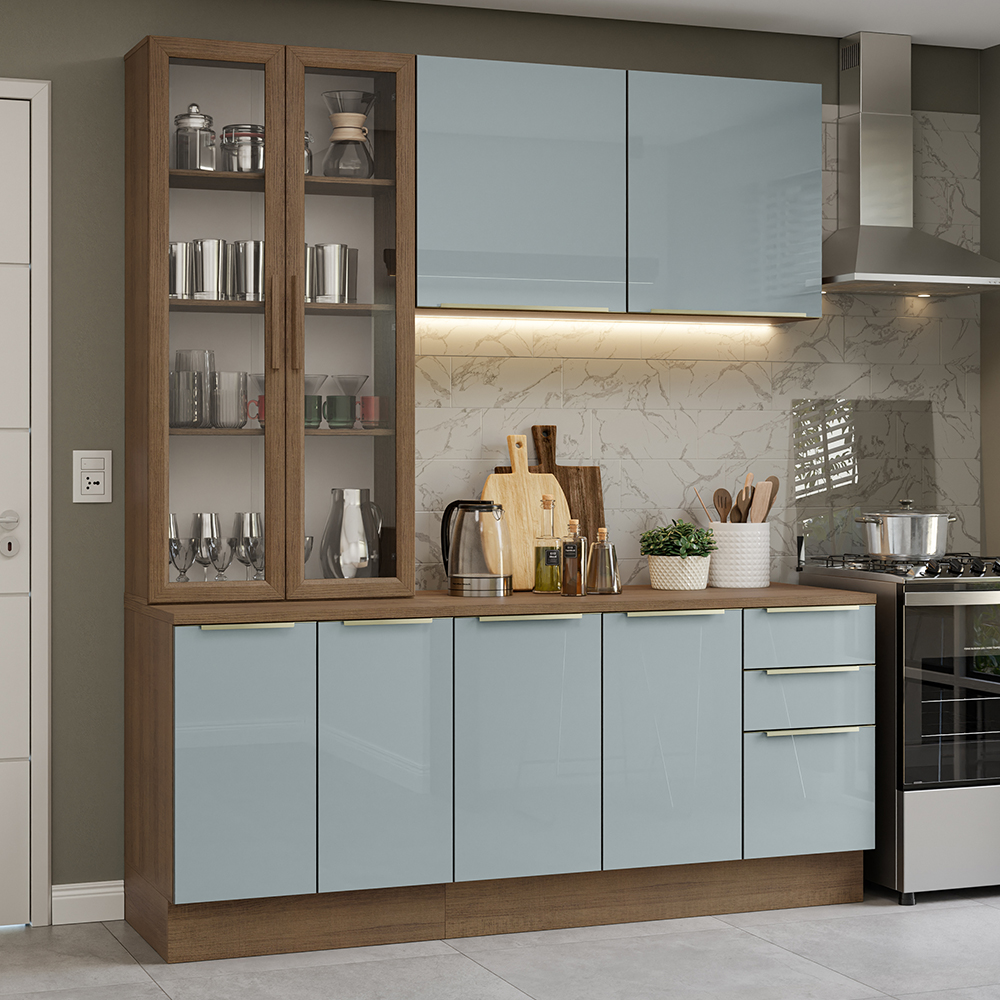 Cocina Compacta 190 cm Con Vitrina Marrón/Gris Lux Madesa