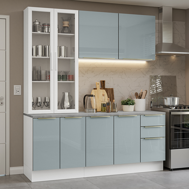 Cocina Compacta 190 cm Con Vitrina Blanco/Gris Lux Madesa