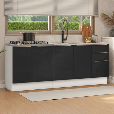 Kit 2 Gabinetes Bajos de Cocina 200 cm Blanco/Negro Lux Madesa