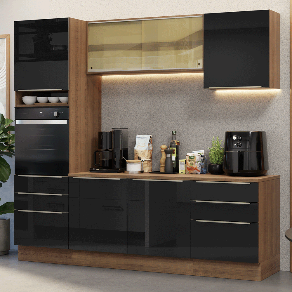 Cocina Integral 240 x 60 cm 6 Puertas 6 Cajones Con Mueble para Horno Marrón/Negro Lux Madesa 08