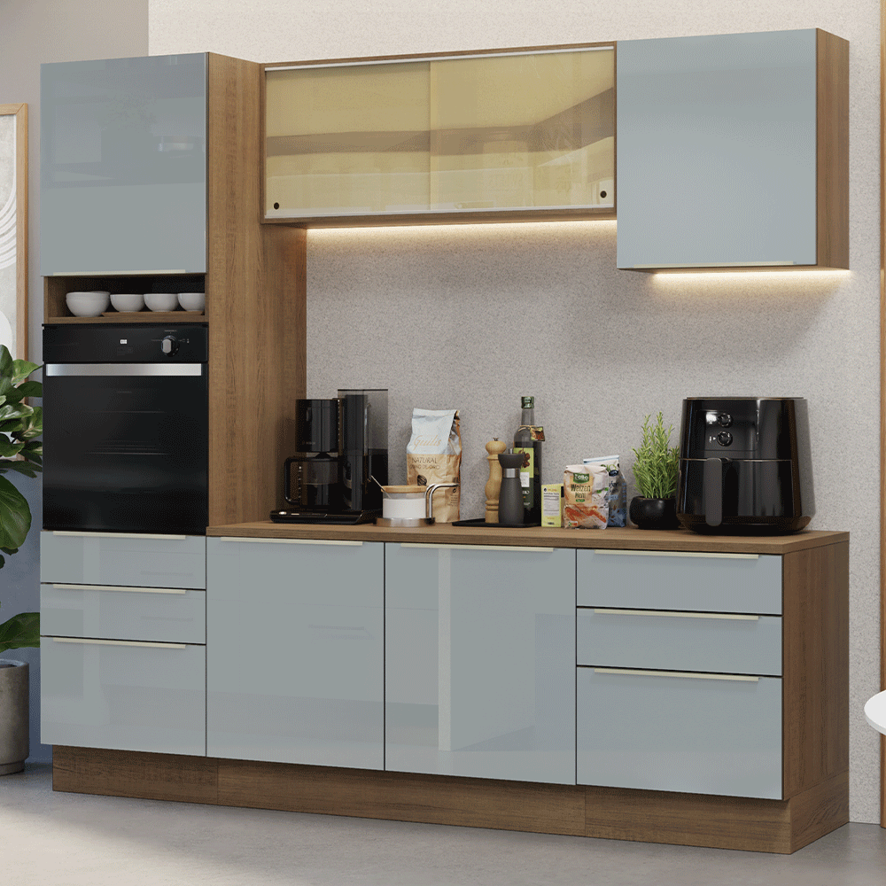 Cocina Integral 240 x 60 cm 6 Puertas 6 Cajones Con Mueble para Horno Marrón/Gris Lux Madesa 08