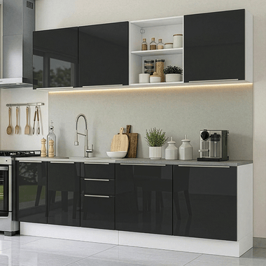 Cocina Integral 240 x 52 cm Blanco/Negro Lux Madesa
