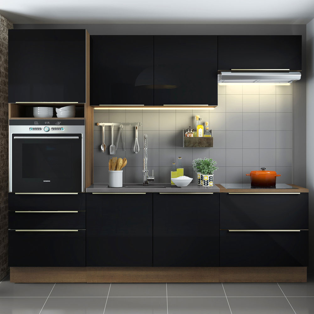 Cocina Integral 260 x 60 cm 6 Puertas 5 Cajones Con Mueble para Horno Marrón/Negro Lux Madesa