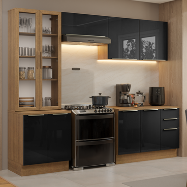 Cocina Integral 270 cm Con Vitrina Marrón/Negro Lux Madesa