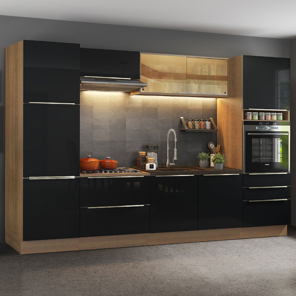 Cocina Integral 320 x 60 cm 9 Puertas 5 Cajones Con Mueble para Horno Marrón/Negro Lux Madesa 01