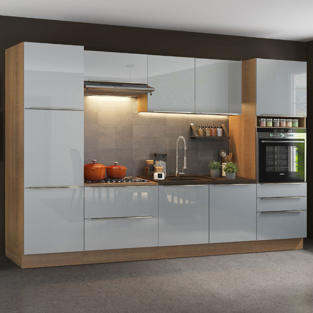 Cocina Integral 320 x 60 cm 9 Puertas 5 Cajones Con Mueble para Horno Marrón/Gris Lux Madesa 03