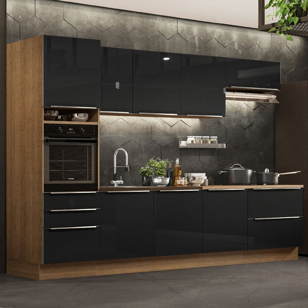 Cocina Integral 320 x 60 cm 8 Puertas 5 Cajones Con Mueble para Horno Marrón/Negro Lux Madesa