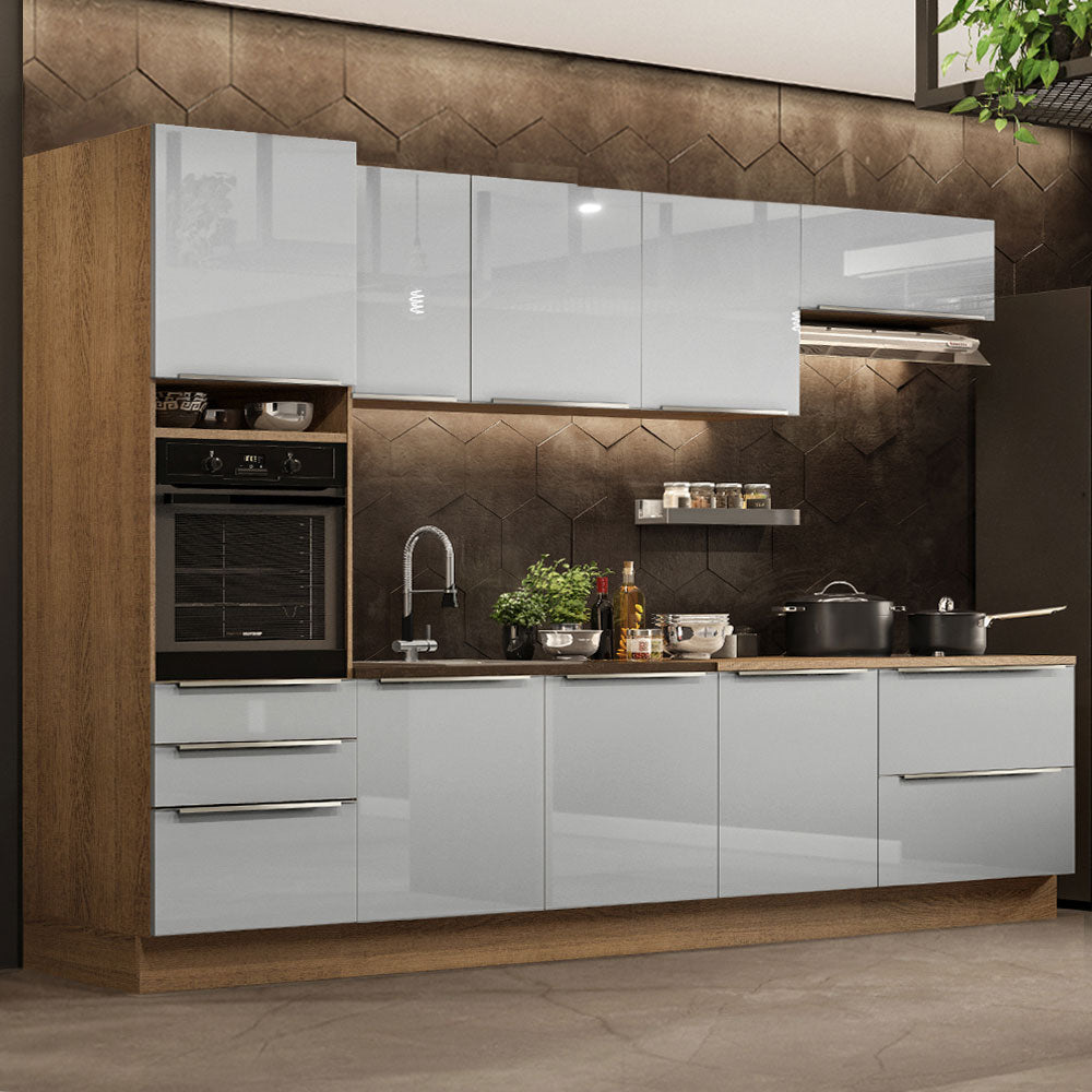 Cocina Integral 320 x 60 cm 8 Puertas 5 Cajones Con Mueble para Horno Marrón/Gris Lux Madesa