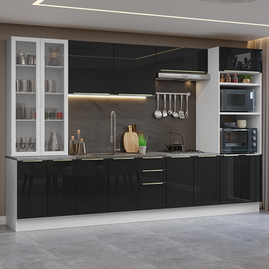 Cocina Integral 340 cm Con Vitrina Blanco/Negro Lux Madesa