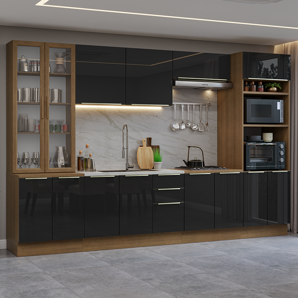 Cocina Integral 340 x 60 cm 14 Puertas 3 Cajones Con Vitrina Marrón/Negro Lux Madesa 02