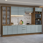 Cocina Integral 340 x 60 cm 14 Puertas 3 Cajones Con Vitrina Marrón/Gris Lux Madesa 02