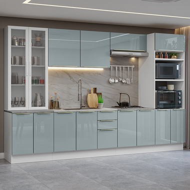 Cocina Integral 340 x 52 cm Con Vitrina Blanco/Gris Lux Madesa