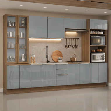Cocina Integral 340 x 52 cm Con Vitrina Marrón/Gris Lux Madesa