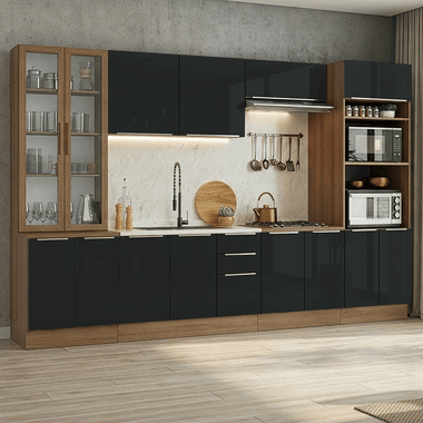 Cocina Integral 340 x 60 cm Con Vitrina Marrón/Negro Lux Madesa