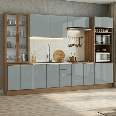 Cocina Integral 340 x 60 cm Con Vitrina Marrón/Gris Lux Madesa