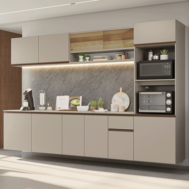 Cocina Integral Flotante 300 cm Con Mueble para Horno Crema Nice Madesa
