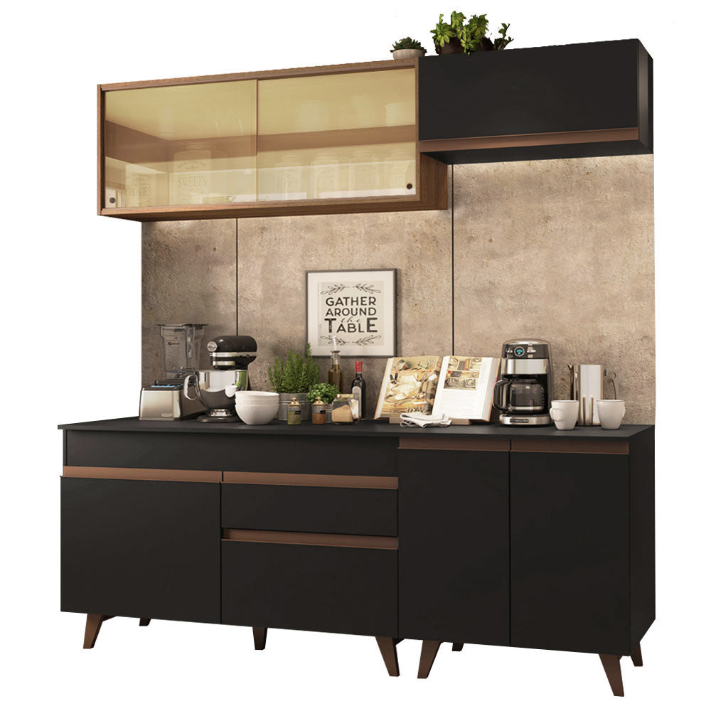 Cocina Compacta 190 x 52 cm 7 Puertas 1 Cajón Negro/Marrón Reims Madesa