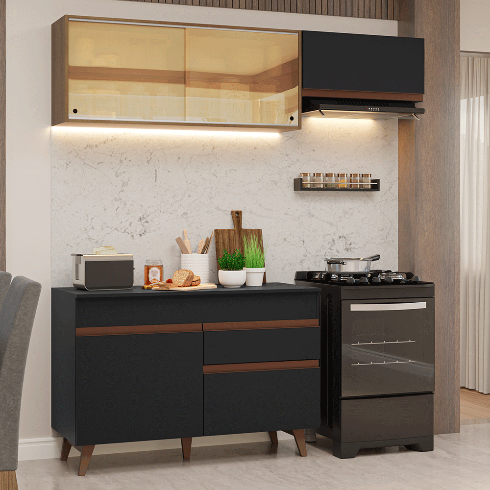 Cocina Compacta 190 x 52 cm 5 Puertas 1 Cajón Negro/Marrón Reims Madesa 05