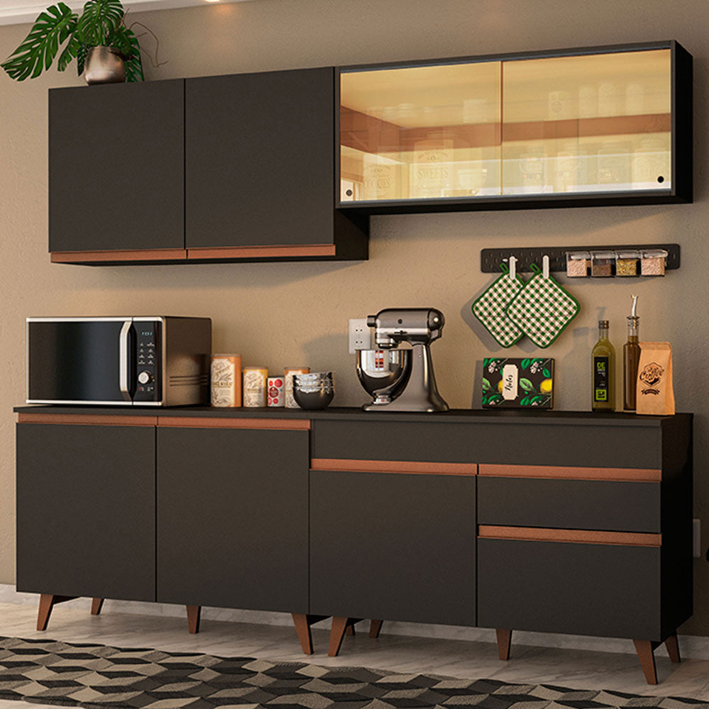Cocina Integral 240 x 52 cm 8 Puertas 1 Cajón Negro Reims Madesa