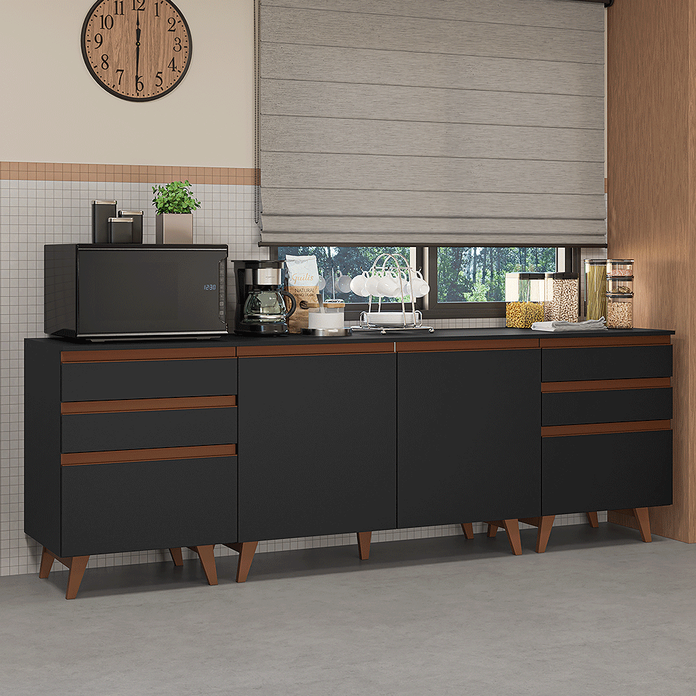 Kit 3 Gabinetes Bajos de Cocina 240 cm Negro Reims Madesa