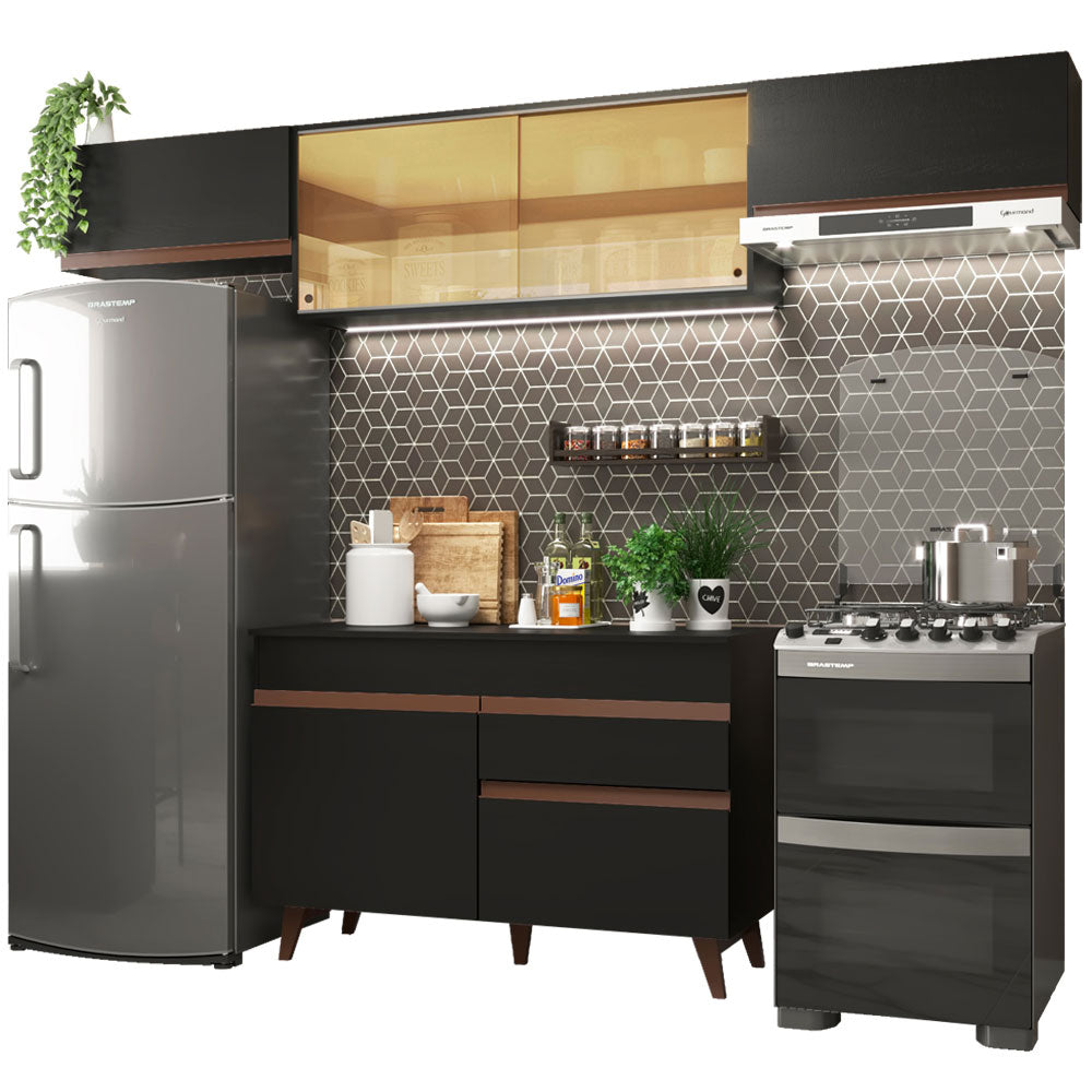 Cocina Integral 260 x 52 cm 6 Puertas 1 Cajón Negro Reims Madesa