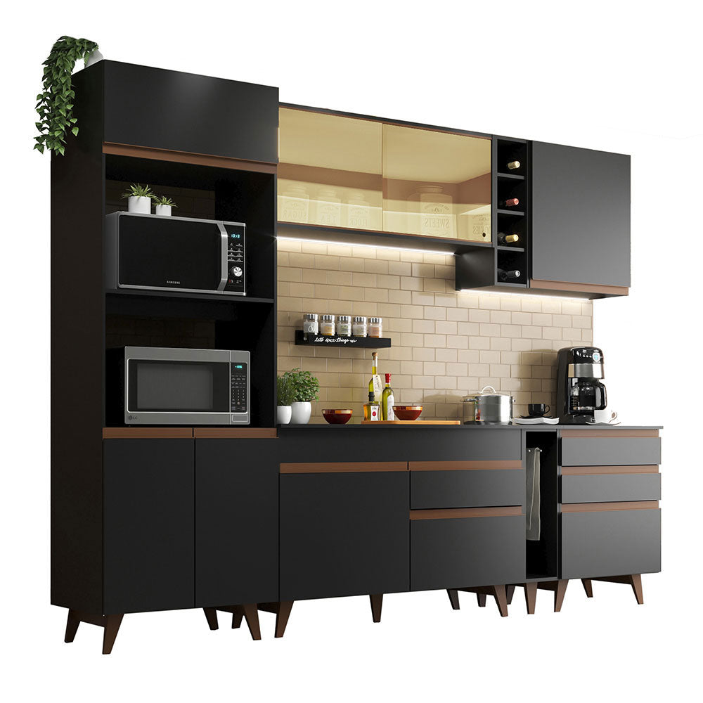 Cocina Integral 270 x 52 cm 8 Puertas 4 Cajones Con Mueble para Horno Negro Reims Madesa 01